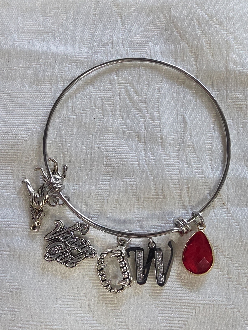 Silver-Tone Vampire Girl Charm Bangle Bracelet - Letter W & Vampire Charms